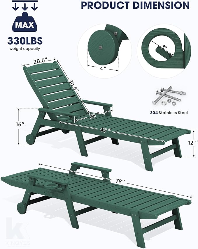 KINGYES HDPE Lounge Chair Outdoor Set of 2, Patio Chaise Lounge Recliner