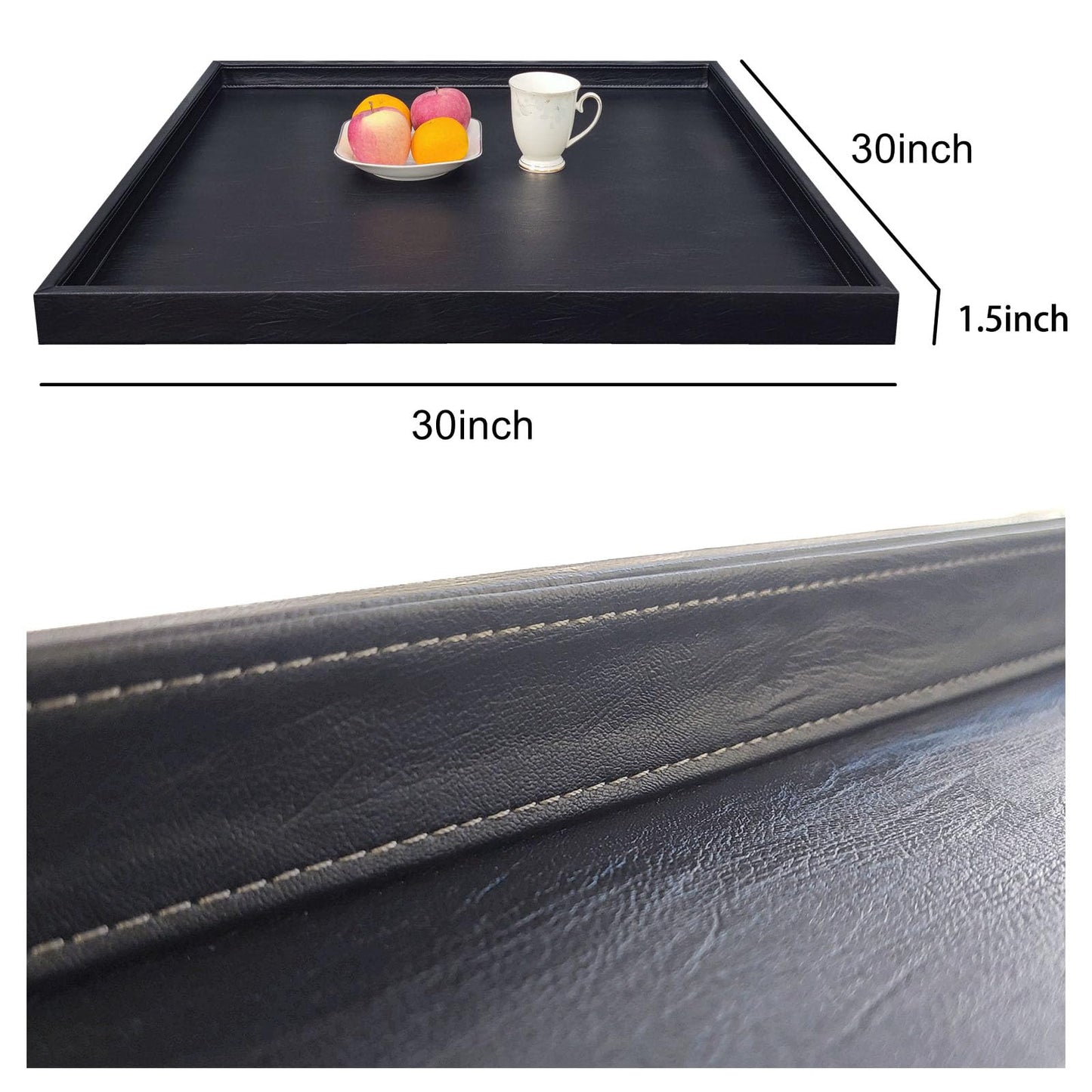QAVOL 30x30 Inch Square Ottoman Tray - Faux Leather Large Serving Tray for Couch/Coffee Table, Family Dinner, Party Decor (30 inch Black)