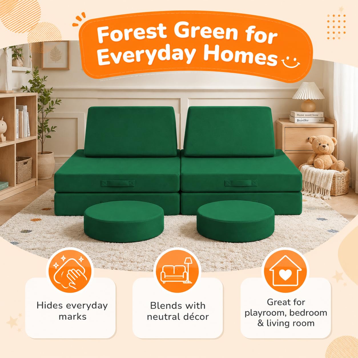 MeMoreCool Kids Couch, Forest Green Modular Foam Play Couch, Ages 3+