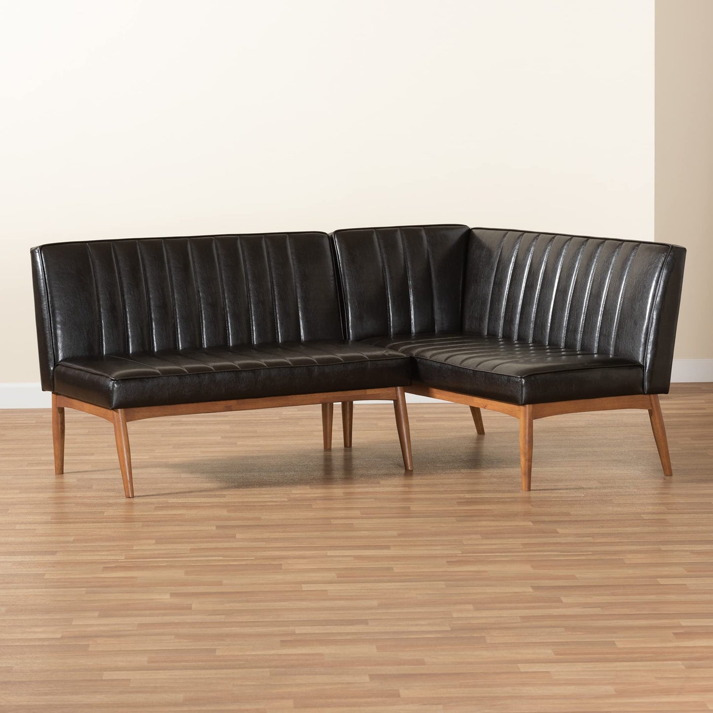 Baxton Studio Daymond Mid-Century Modern Dark Brown Faux Leather Upholstered and Walnut Brown Finished Wood 2-Piece Dining Nook Banquette Set