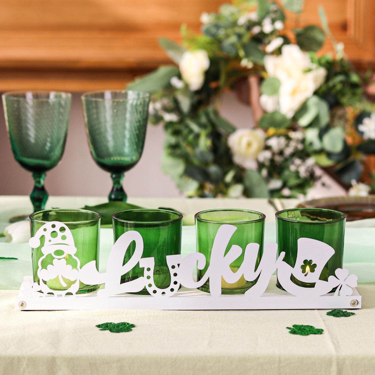 SYFURNIX St Patricks Votive Candle Holder Set, Includes 4 Glass Tealight Holders & 1 Wooden Candle Tray, Green & White St. Patrick's Day Decorations for Table, Office & Indoor Decor