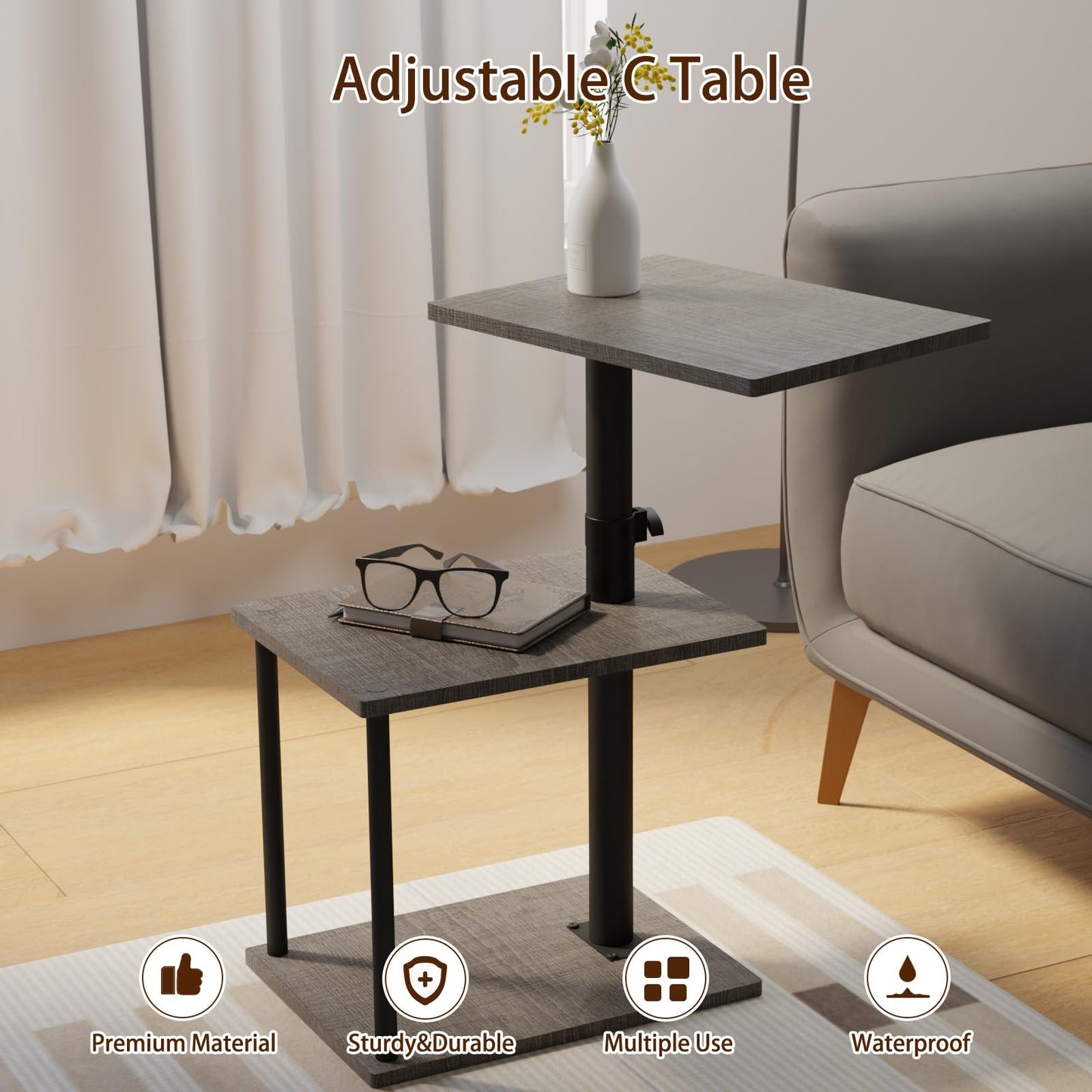 Faesun Swivel Side Table for Couch Arm, Height Adjustable C Table for Recliner or Bed, Tv Trays with Storage Shelf for Small Spaces- Small Nightstand Table for Living Room, Bedroom