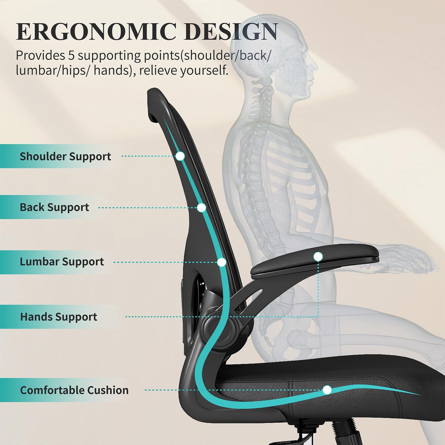 Flysky Mesh Office Chair, Ergonomic Computer Desk Chairs for Home Office - with Comfy/Comfortable Flip-up Arm Rests, Lumbar Support, Height Adjustable, 360 Degree Rolling Swivel (Black)