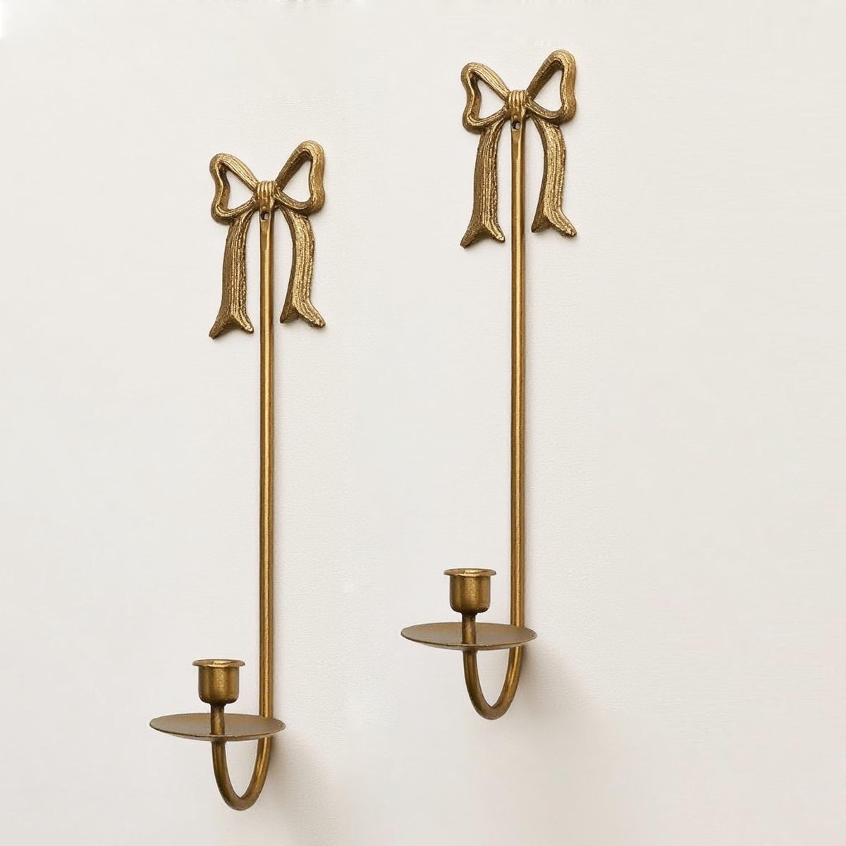 Remenna Metal Wall Candle Sconce Holders, Set of 2, Gold, Modern Bow Design, Wall Mount Taper Candle Holders for Living Room, Farmhouse, Wedding Decor
