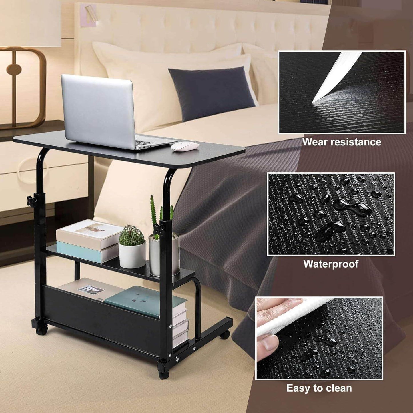 Dekhaoxe Adjustable Height Mobile Computer Desk for Small Space Rolling Writing with Wheels Corner Home Office Study Portable Bedrooms Work Desk Standing Desk Sizes 31.5X15.7 Inches Black C