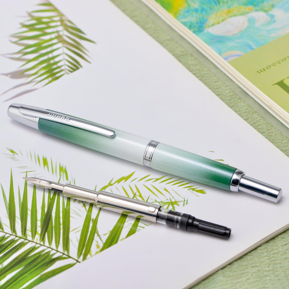 Jinhao 10 Press Fountain Pen with Box, Gradient Grass Green Retractable Extra Fine Nib with Ink Converter Set (Silver Clip)