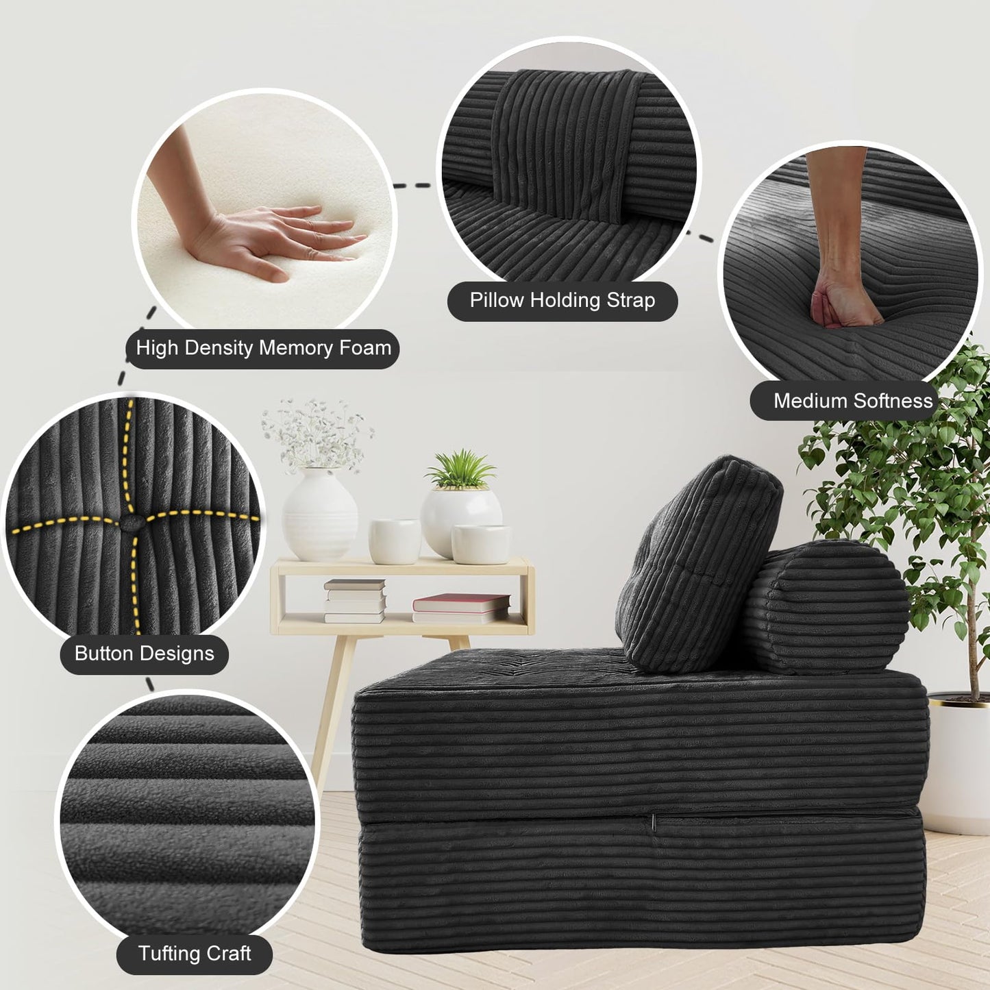 HonTop Folding Sofa Bed, Convertible Couch Chair with Pillow, Boneless Velvet Foldable Sleeper Sofa with Back Support, Portable Fold Out Lounger for Living Room, Apartment & Dorm, Dark Grey Corduroy
