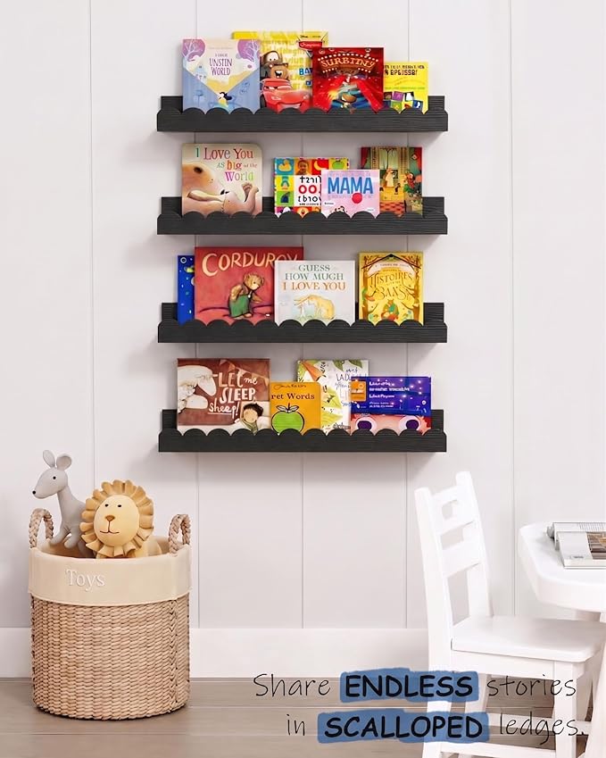 Harwaya Black Floating Nursery Wall Book Shelves Set of 4, Scalloped Shelves