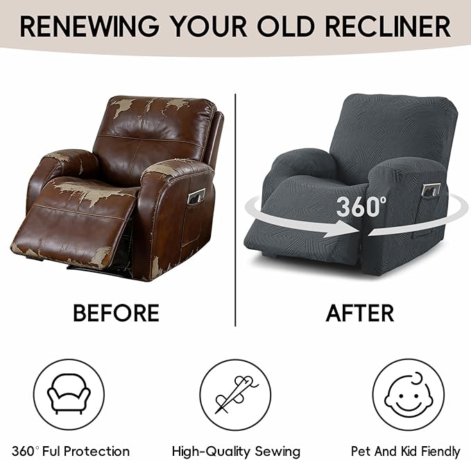 Oversized Recliner Chair Covers, 4-Piece Stretch Geometric Strokes Jacquard