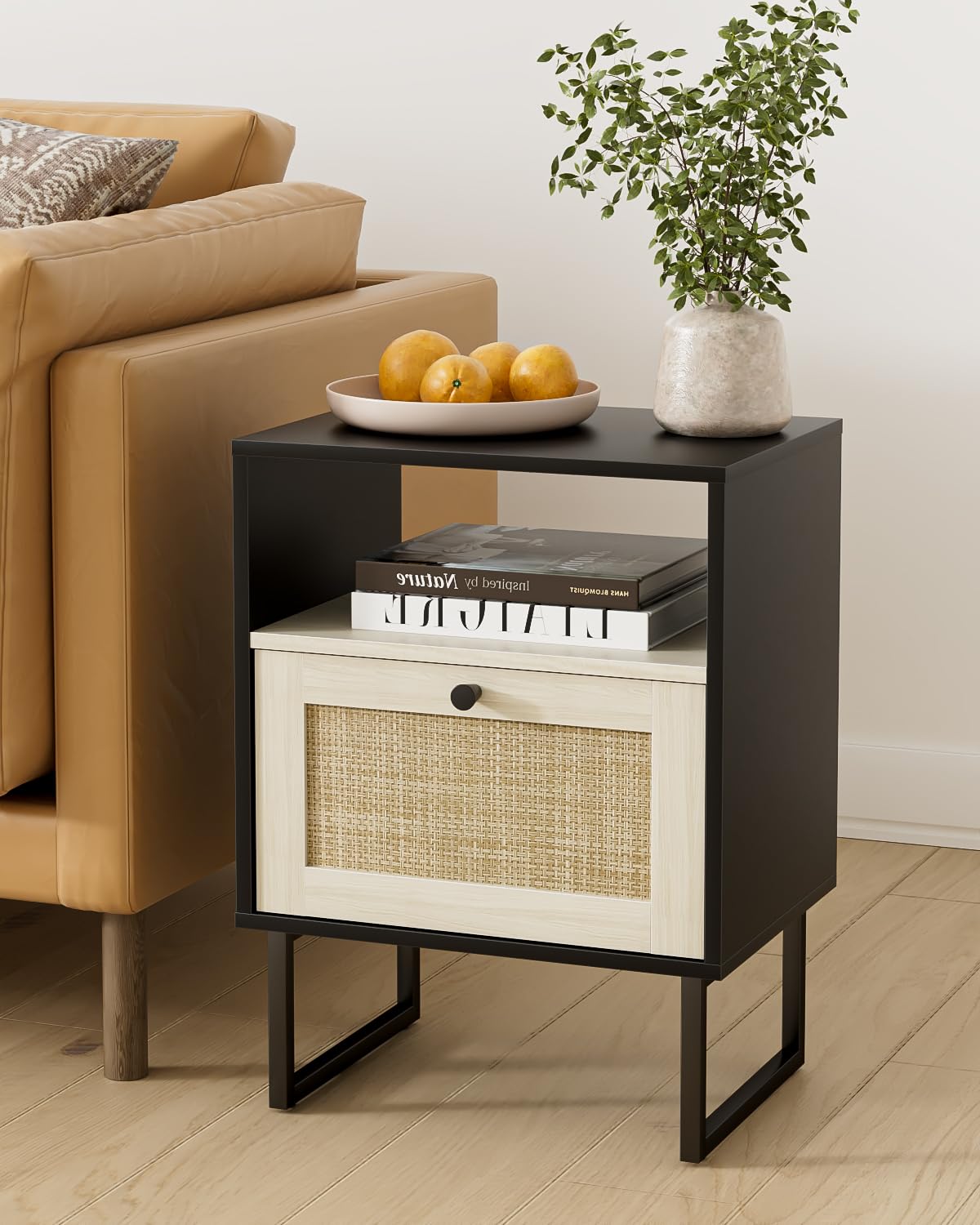 Apetaccat Rattan Nightstand, Boho Night Stand Farmhouse Wood Bedside Table with Storage and Open Shelf, End Side Accent Table for Bedroom,Living Room,Black and Oak