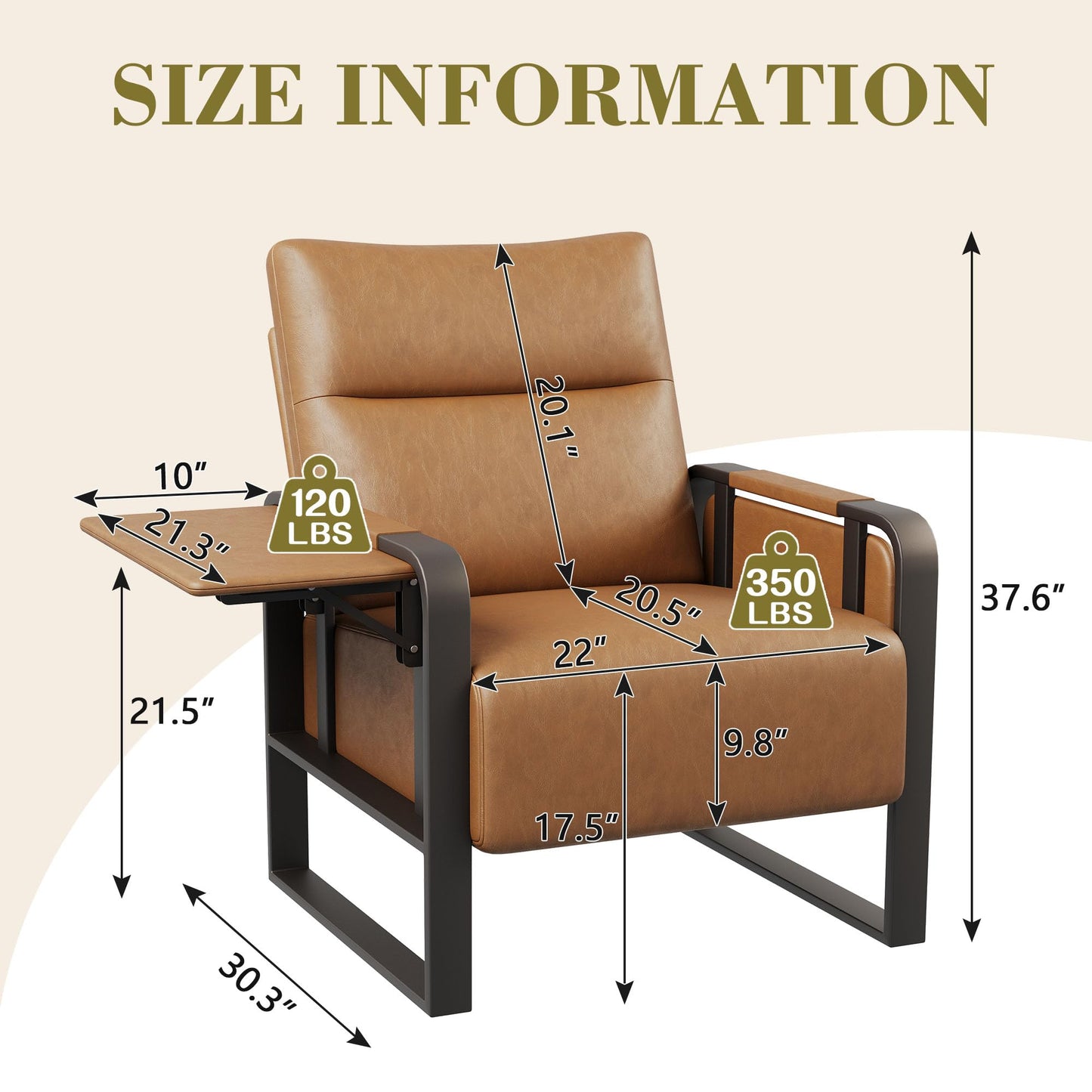 Apeaka Modern Brown Accent Chair PU Leather Upholstered Armchair with Foldable Side Table for Bedroom Living Room Chairs Office Chair