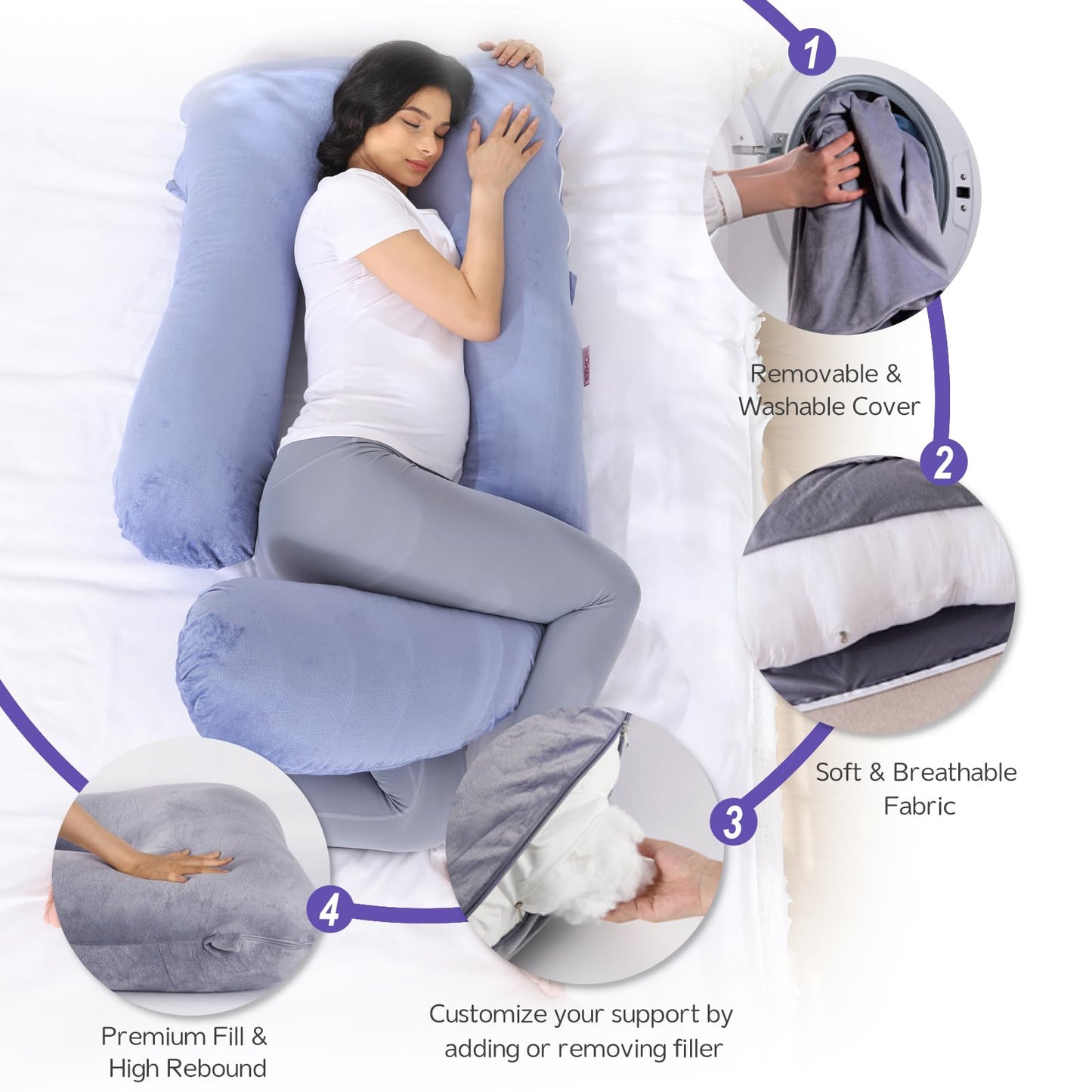EZMOM Pregnancy Pillow for Sleeping, Soft 57“ Full Body Maternity Pillow, U Shaped with Removable Washable Cover, Support for Back, Belly, Leg, Hip, Neck & Shoulder, Purple