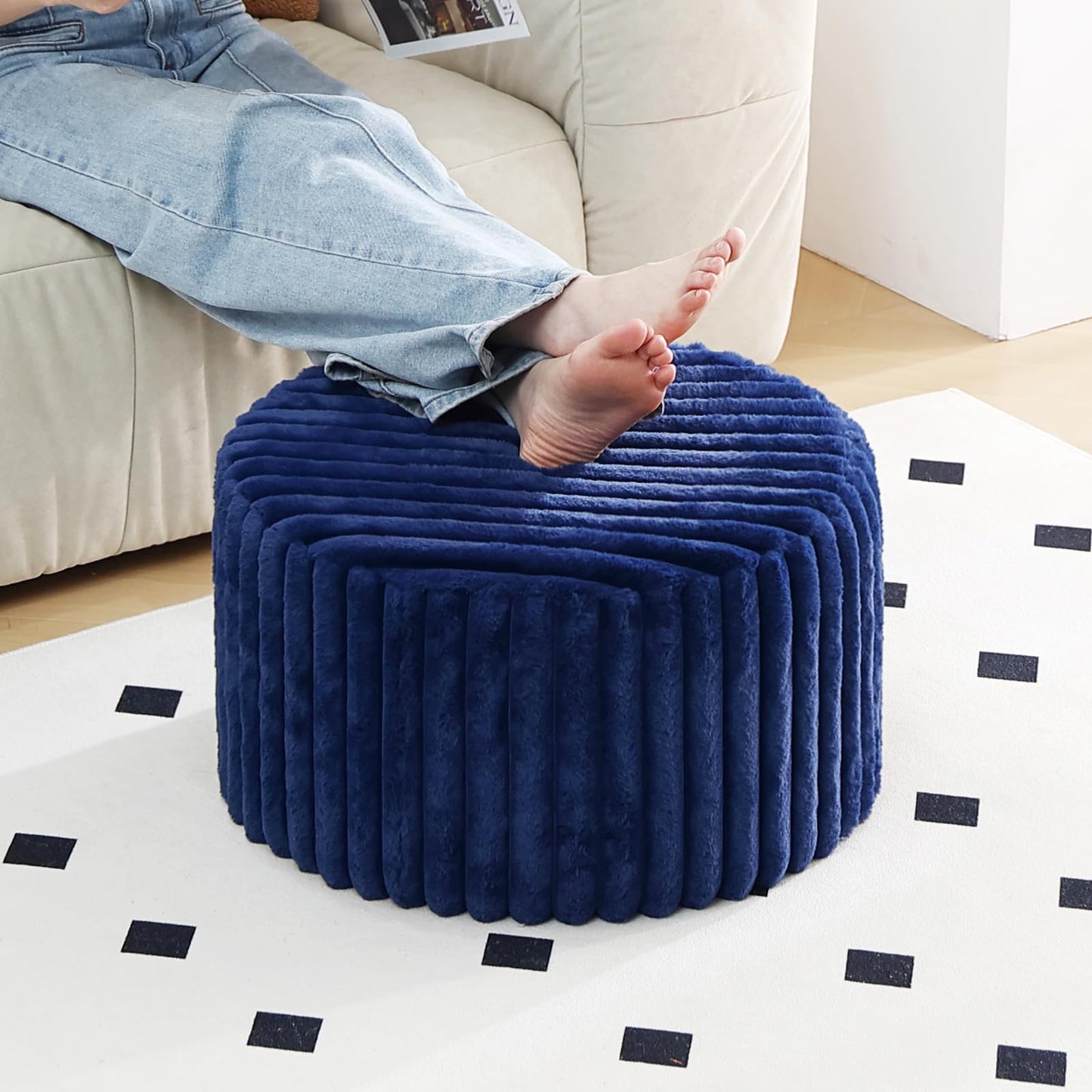 Tiita Round Stuffed Pouf Ottoman, Stripe Faux Fur Poufs with Foam Chunk Filling, Furry and Fluffy Pouf 21×21×12 inch Foot Stool Storage Ottoman,Puff Office Foot Rest for Couch Living Room, Navy Blue