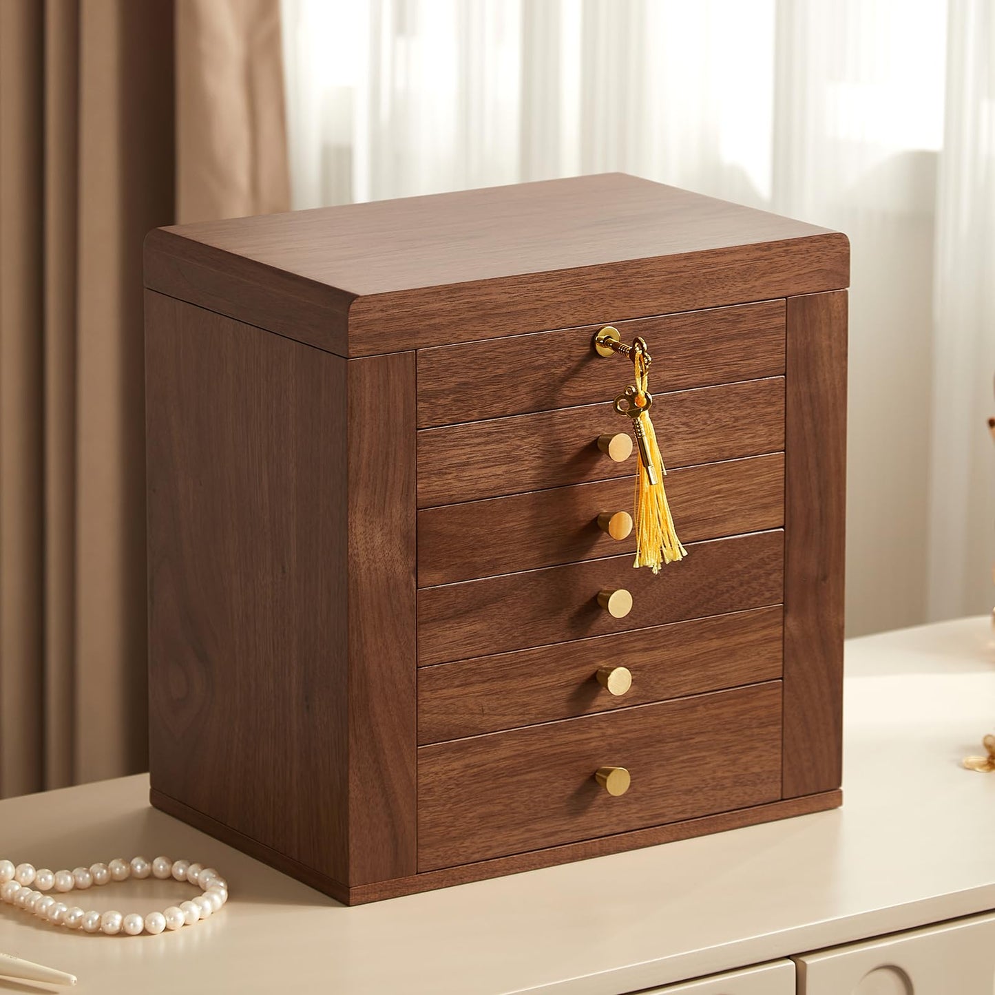 CHOSIN Black Walnut Wooden Jewelry Box, 6-Layer Lockable Wood Jewelry Organizer with Mirror, Side Doors & Brass Handle, Classical Design for Rings, Necklaces, Earrings, Fathers Day Gift