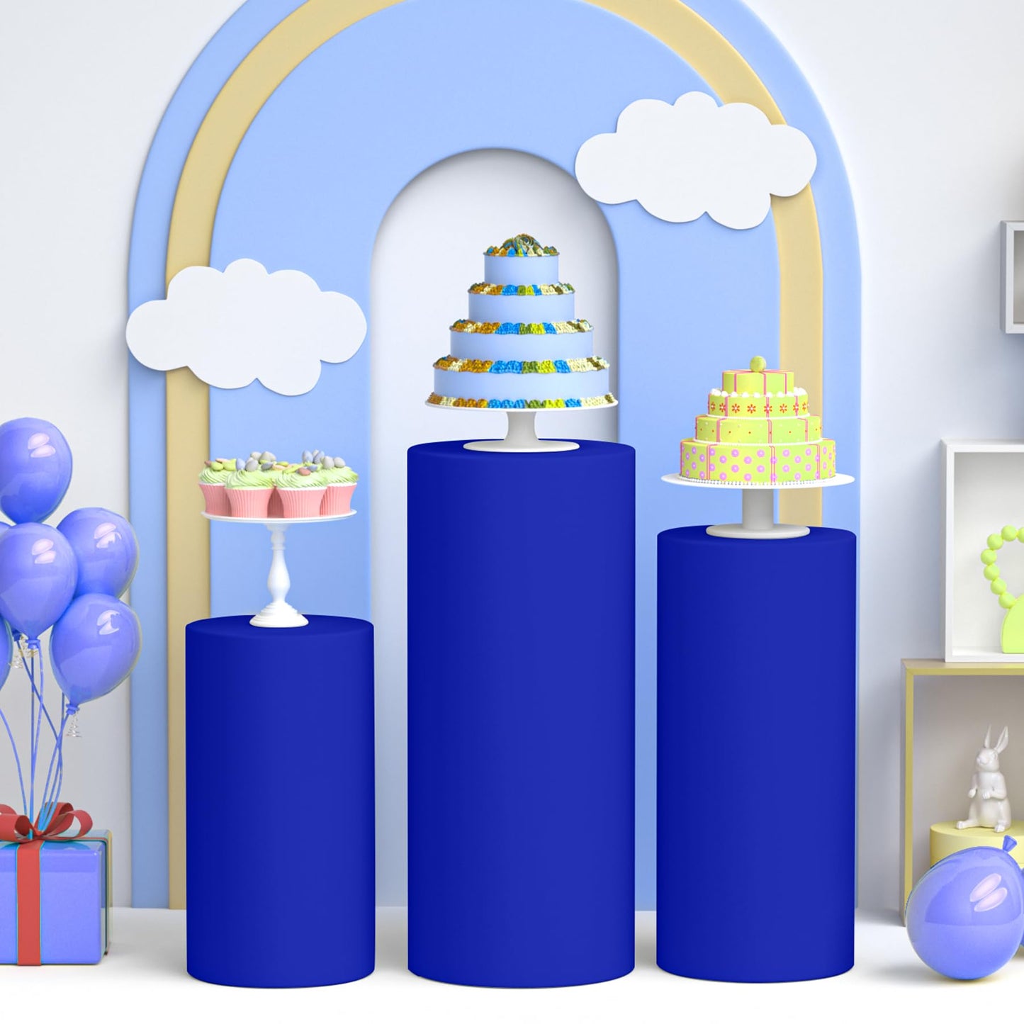 LEBENGURU 3Pcs Cylinder Pedestal Stand Covers Royal Blue, Round Spandex Display Pedestal Covers, Elastic Cloth Plinth Pillar Cover for Parties Wedding Birthday Event Decor Props (Only Covers)
