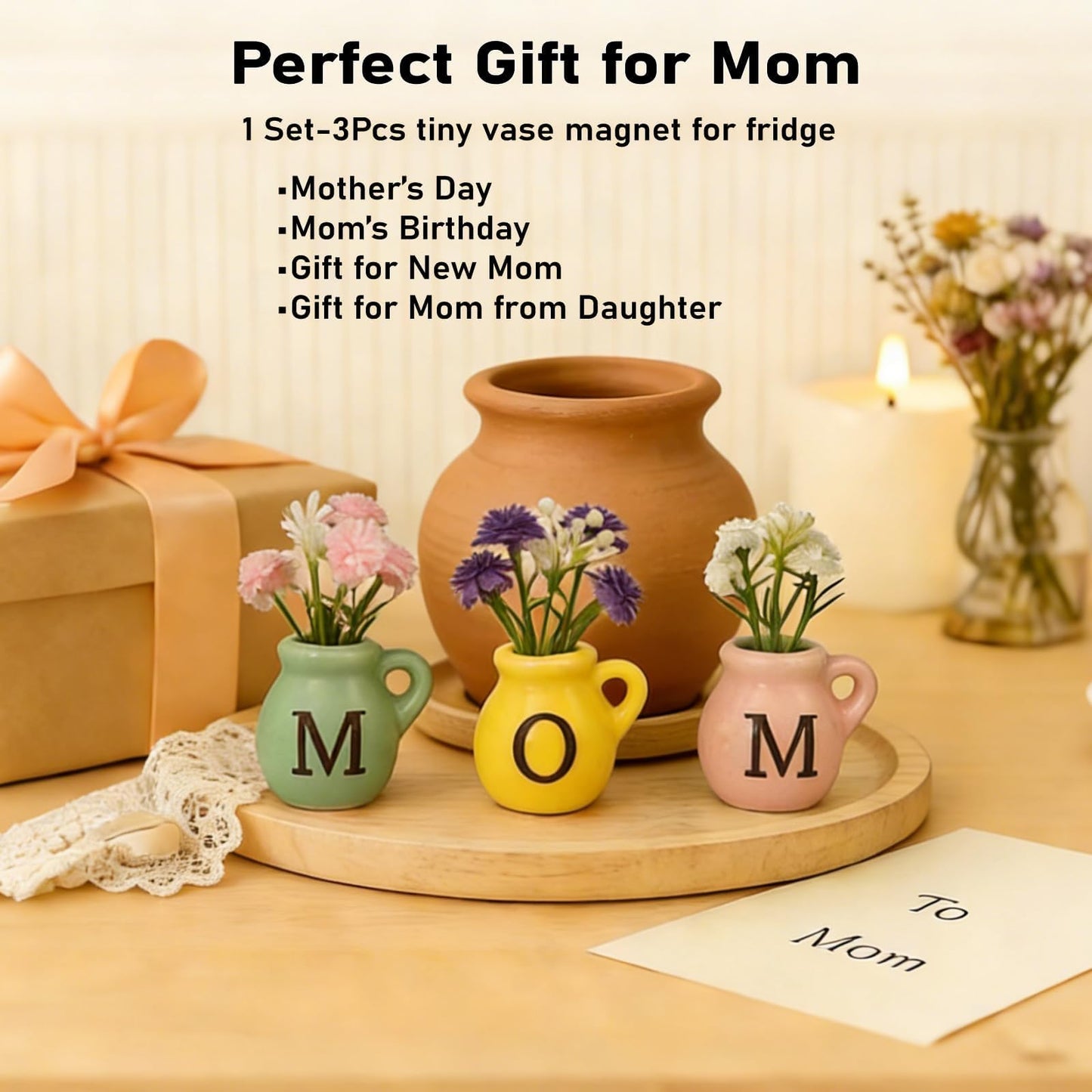 Mom Birthday Gifts Charming Ceramic Mini Vase Magnets for Fridge Heartwarming Gift Set for Mom Cute Tiny Vases Faux Flower Magnets Gifts from Daughter Son Anniversary Housewarming Decor Supplies