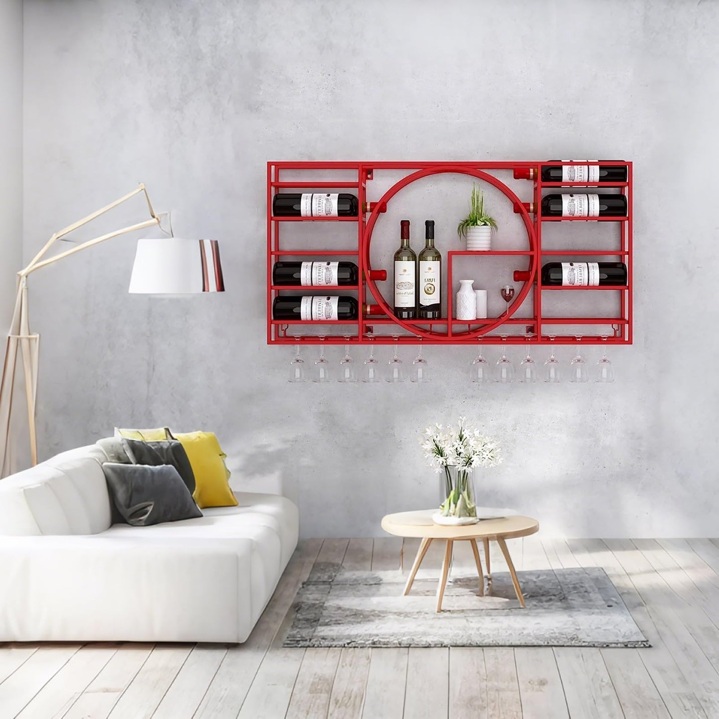 Stylish Industrial Wall Mounted Wine Rack with Floating Shelves & Stemware Hanger - Perfect Wine Storage Solution for Home Bar, Kitchen & Dining Room (Red 47.3"x4.3"x28.3")