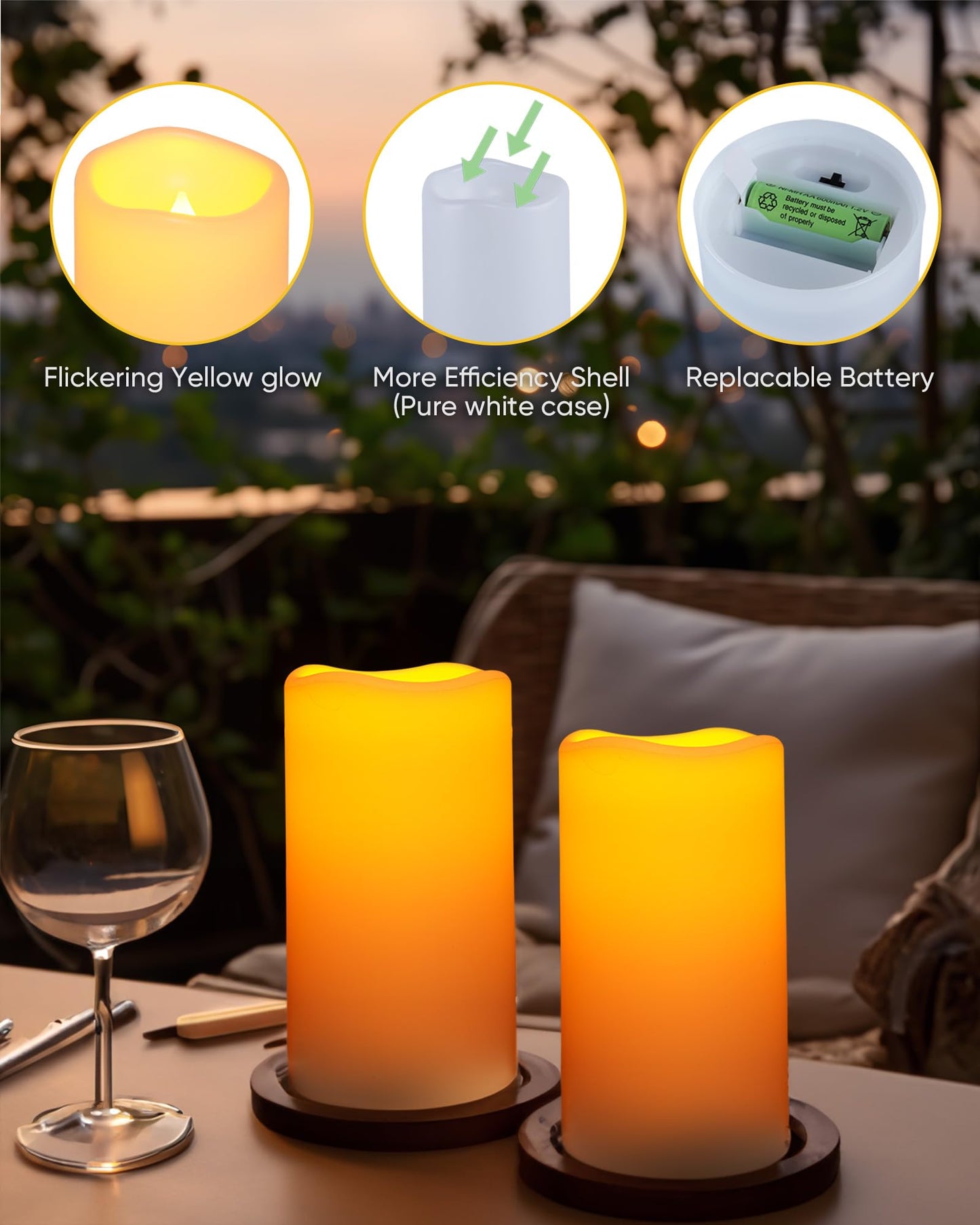 Homemory Solar Candles Outdoor Waterproof, Rechargeable Candles, Solar Powered Flameless Candles for Outdoor, Lanterns, Sensor Only, Dusk to Dawn, 3"x6", Set of 4