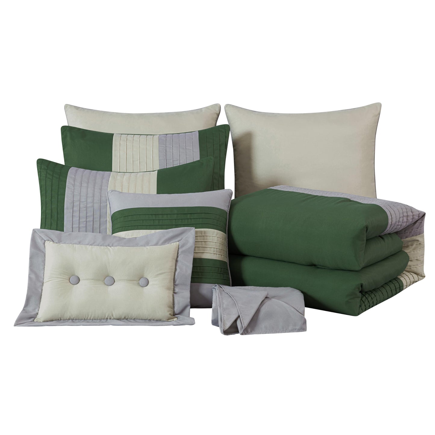 Chezmoi Collection Loft 8-Piece Oversized King Comforter Set, Forest Green/Gray/Cream Luxury Striped Bedding for All Season