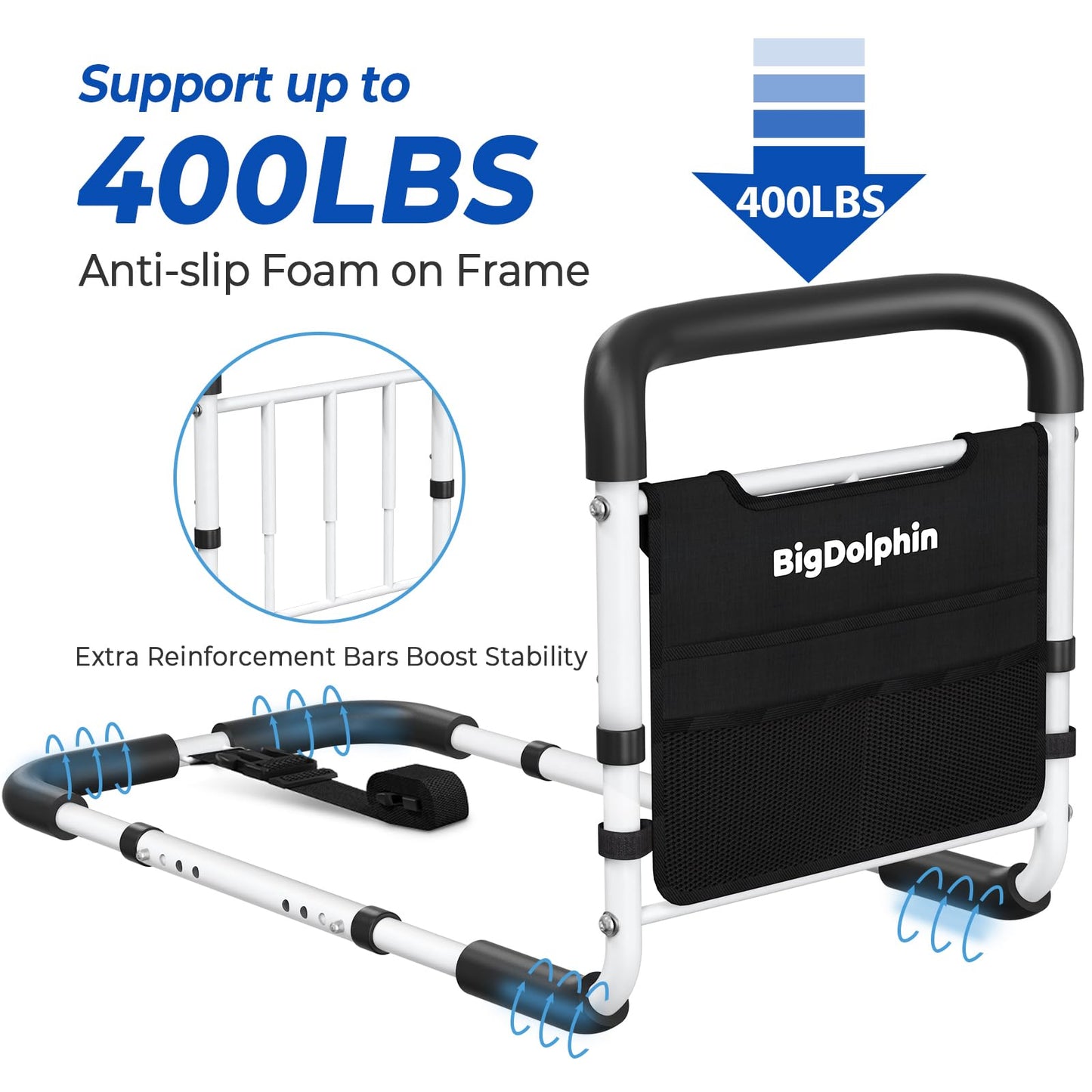 BigDolphin Bed Rails for Elderly Adults Safety - ASTM Approved Adjustable Bed Cane with Non-Slip Ergonomic Handle & Storage Pocket, Bed Railings for Seniors Support 400 LBS, Tool-Free