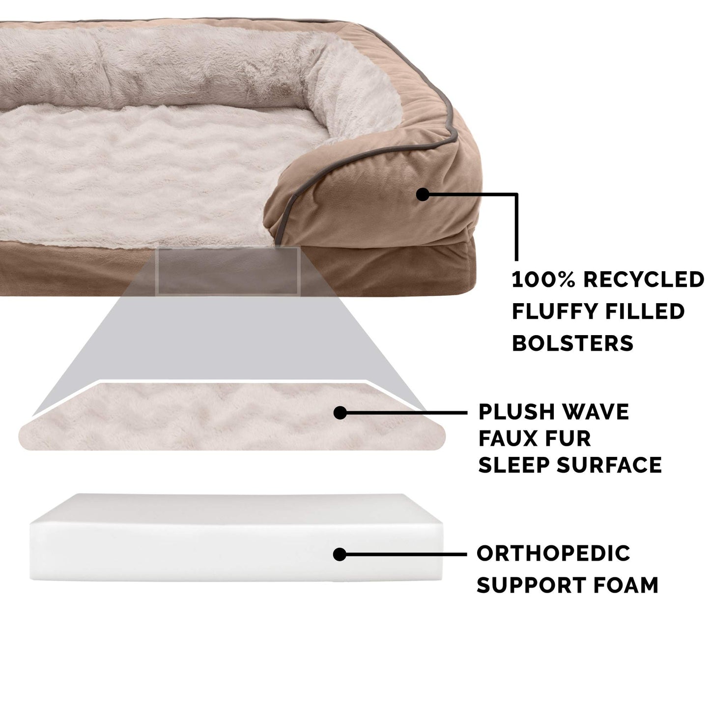 Furhaven Orthopedic Dog Bed for Large Dogs w/ Removable Bolsters & Washable Cover, For Dogs Up to 125 lbs - Plush & Velvet Waves Perfect Comfort Sofa - Brownstone, Jumbo Plus/XXL