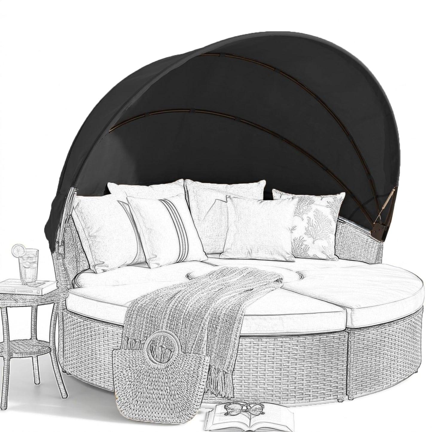 SWFEMWS Round Canopy Cover for 66''~75'' Outdoor Daybeds, Water-Resistant & UV-Resistant, Easy Installation with Hook and Loop Straps, Fits Wicker Sunbeds, No Tools Needed