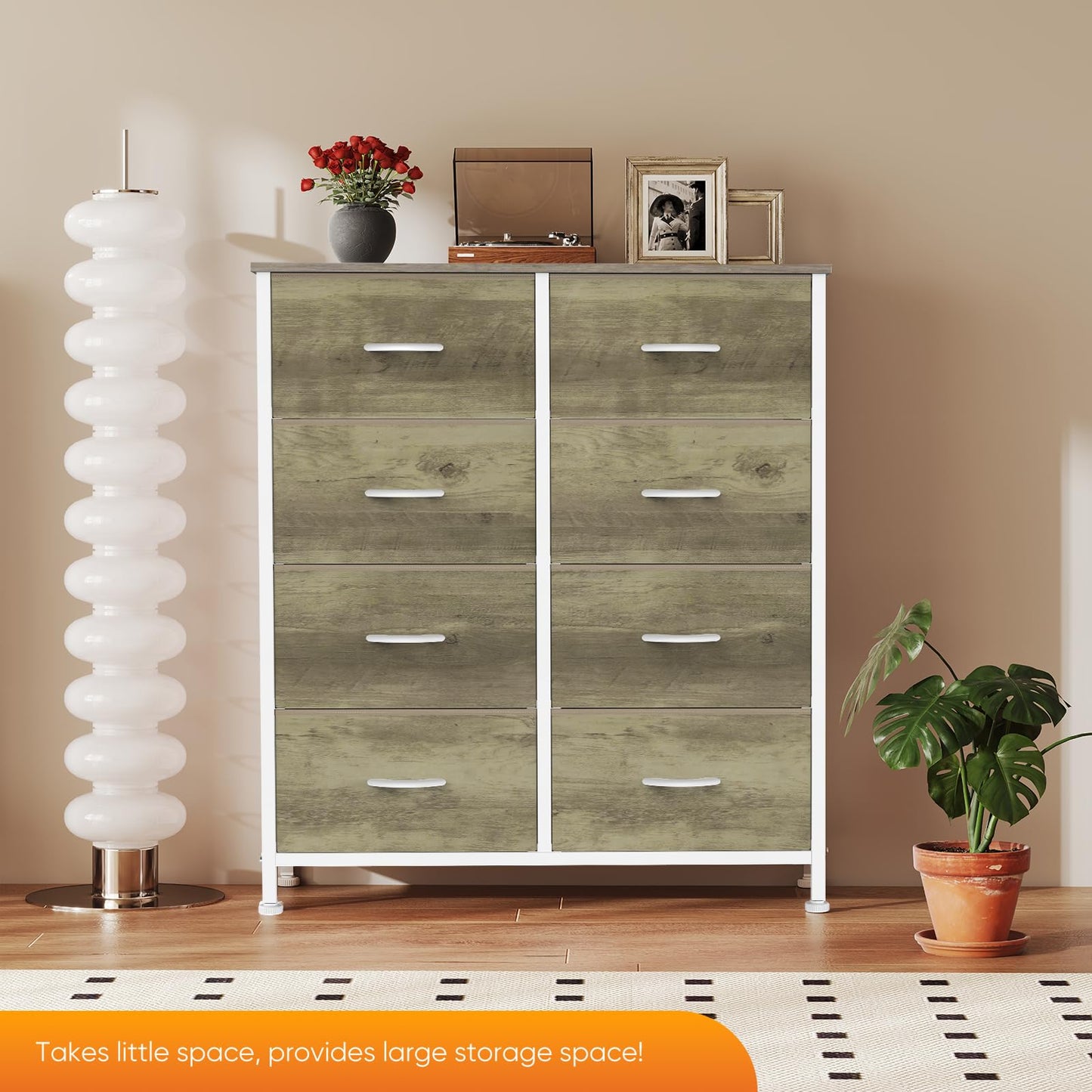 Sweetcrispy 8 Drawer Dresser for Bedroom Large Fabric Storage Tower Organizer Chest of Drawers with Metal Frame and Wooden Top for Nursery Closet Living Room Entryway, Oak Finish