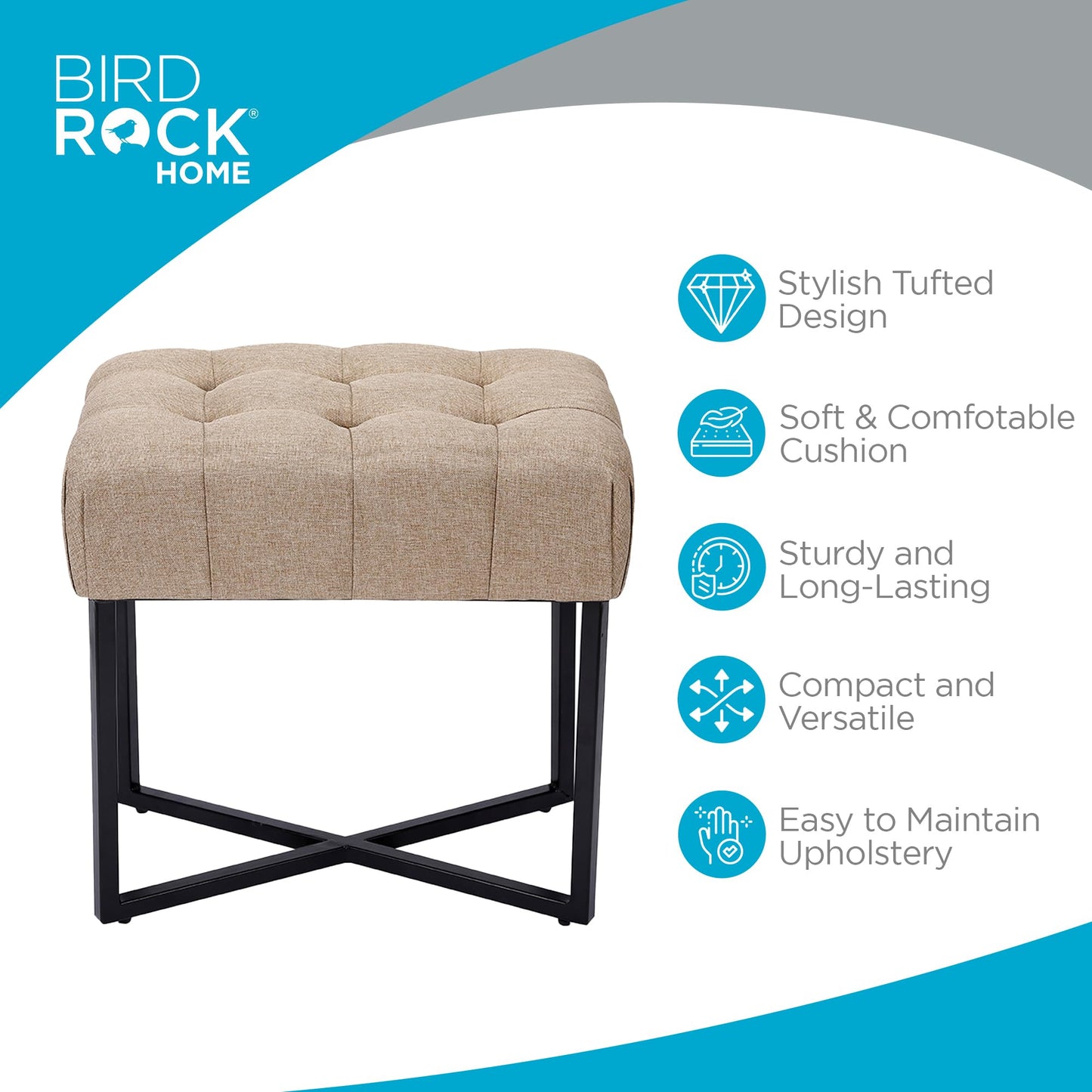 BIRDROCK HOME Rectangle Tufted Linen Ottoman Foot Rest - 19.7x11.82x17.73” Small Foot Stool with Legs - Padded Footrest Modern Ottomans for Living Room Furniture, Bedroom Footstool (Beige)