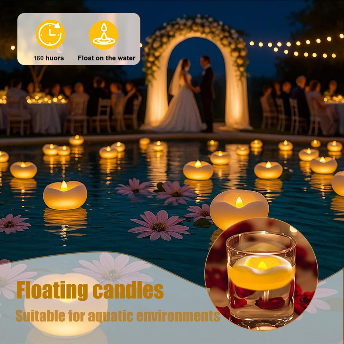 Eynshoo 24 Pack Floating Candles,3-Inch Waterproof LED Tea Lights–Realistic Flickering Flame,160-Hour Battery, Flameless&Safe, Auto On/Off for Centerpieces,Pool, Weddings,Halloween, Parties