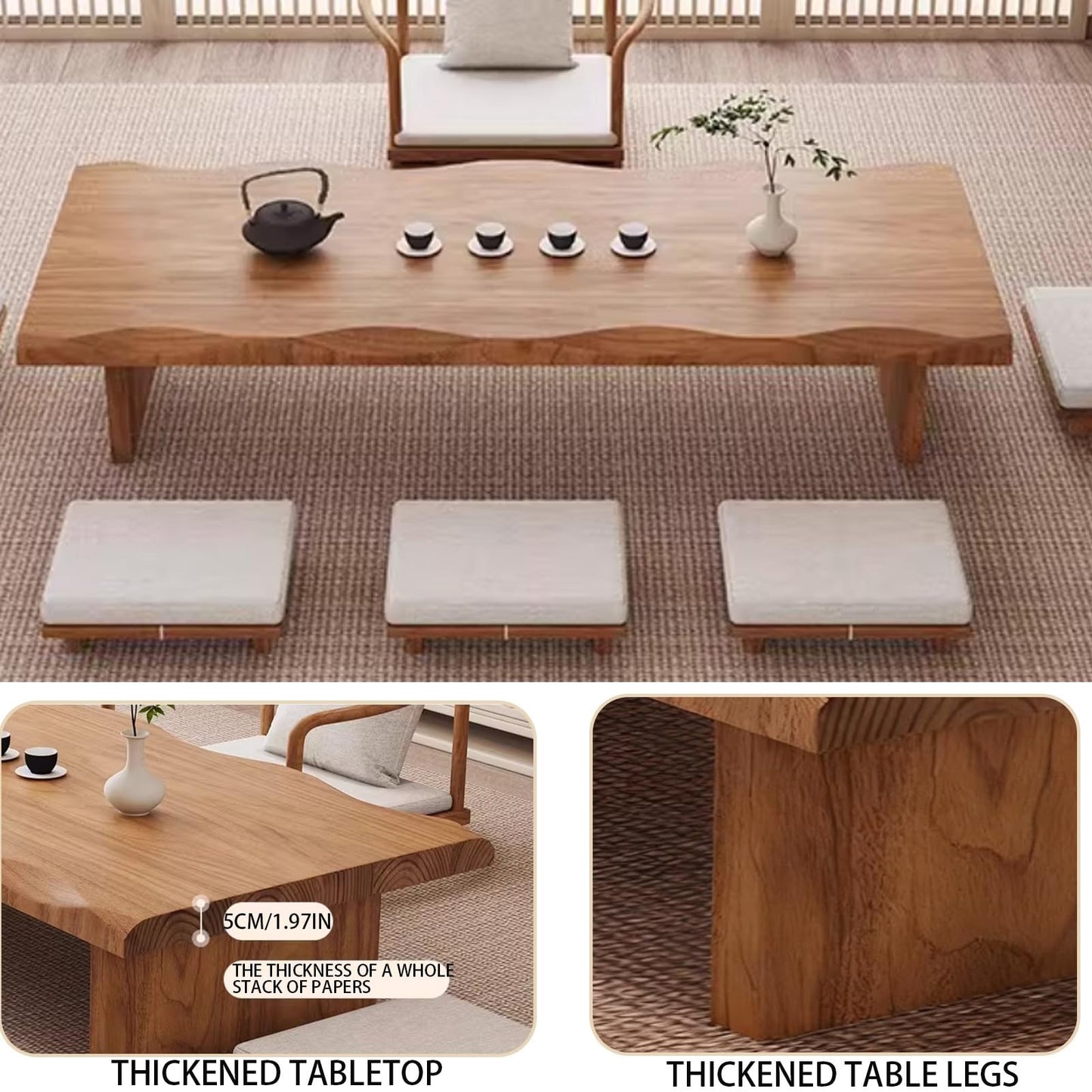 GLDGJMZ Zen Low Floor Table Solid Wood Japanese Tea Table with Embedded Tray & Wrought Iron Legs Coffee Table for Living Room Meditation & Tea Ceremony (55.1" x 23.6" x 13.8")