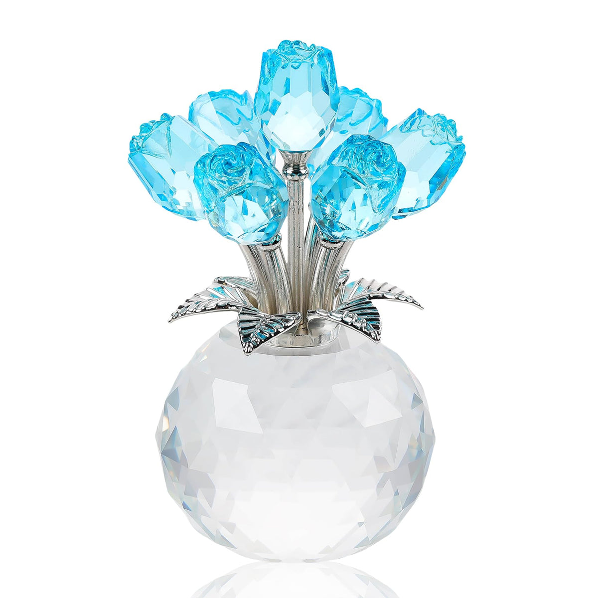 Arikyrist Crystal Lake Blue Rose Bouquet Figurine with Round Vase Gifts for Her, Glass Rose Flower Romantic Keepsakes for Women Mom on Christmas, Collectible Decoration Table Centerpiece for Home