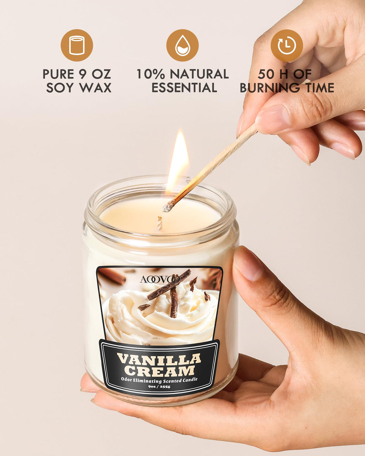 AOOVOO Vanilla Cream 2 Pack Odor Eliminating Candle - Up to 100 Hours Burn time, Eliminates 95% of Pet, Smoke, Food, and Other Smells Quickly, 18 oz Non Toxic Highly Fragranced Air Freshing Soy Candle