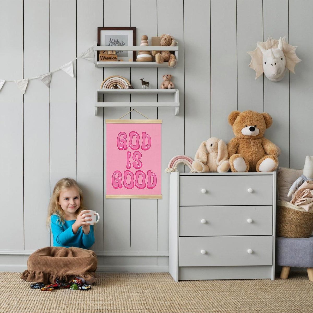 You found a duck God Is Good Wall Art Poster,Pink Bubble Letter Christian Wall Art Decor for Bedroom Nursery Playroom,Inspirational Bible Verse Canvas Hanging Poster 14x18.5Inch (LKY02)