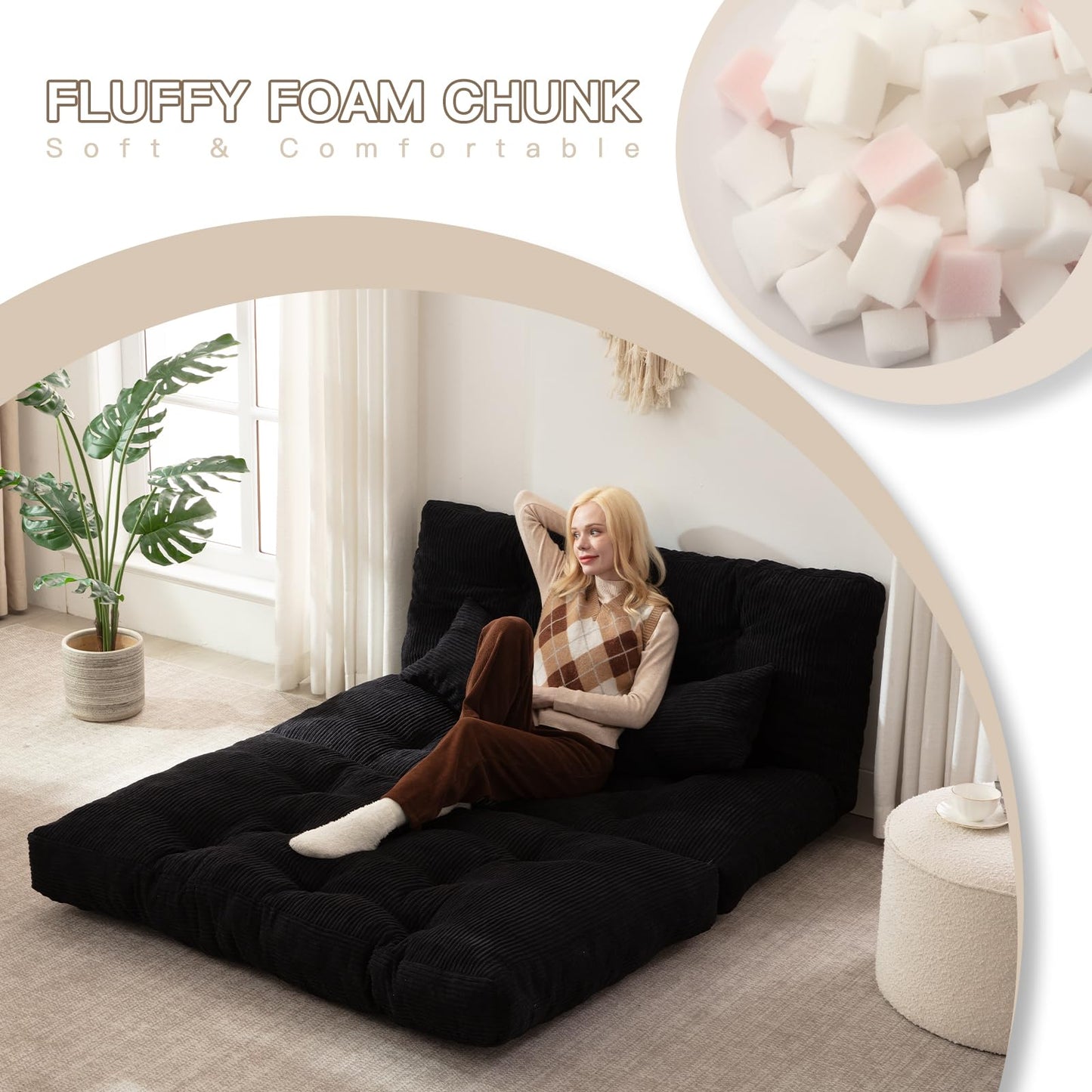 Folding Sofa Bed, Convertible Sleeper Chair with Pillow Foldable Mattress with Back Support, Portable Fold Out Chair Bed Comfy Floor Sofa Lounge for Living Room Bedroom, Black Full 80x54 Inch