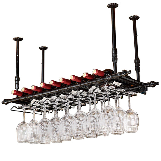BELELUCKY Wine Rack Wall Mounted with Glass Holder,Metal Hanging Bar Wine Glass Rack Ceiling,Ceiling Bars Shelf,Height Adjustable Liquor Bottle Display Shelf for Bar Cafe Kitchen (Color : Bl