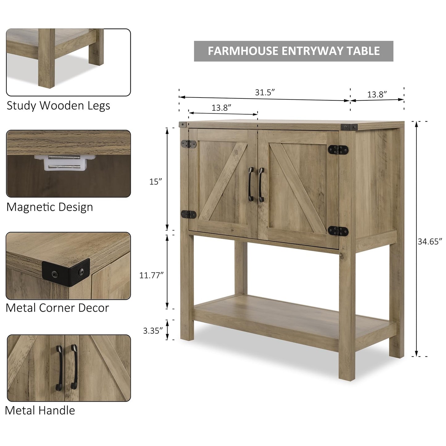 Mufico Sofa Table Console Table,Coffee Bar Cabinet,31.5 L x 13.8 D x 34.65 H Entryway Table with 2 Storage Cabinets,Farmhouse Foyer Table,Buffet Sideboard for Kitchen,Hallway (Rustic Brown)