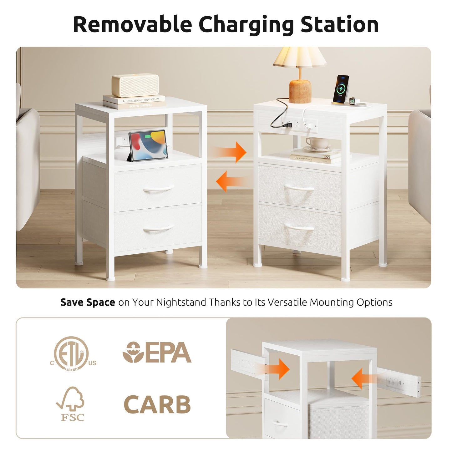 Lazzanto NightStand Bedside Charging Table Bedroom - Night Stand with Charger Station, White Modern Bed Side End Table with Open Shelf & 2 Fabric Drawers, USB-C Port & AC Outlets for Dorm, Living Room