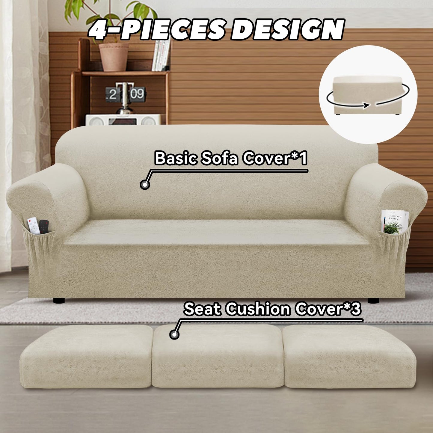 Pfrstuv Sofa Slipcover with Armrest Pockets 4-Piece Set, Stretch Faux Leather Couch Cover for 3-Cushion Couches(Fits 72-92") - Non-Slip, Machine Washable, Pet & Kid Friendly - Beige
