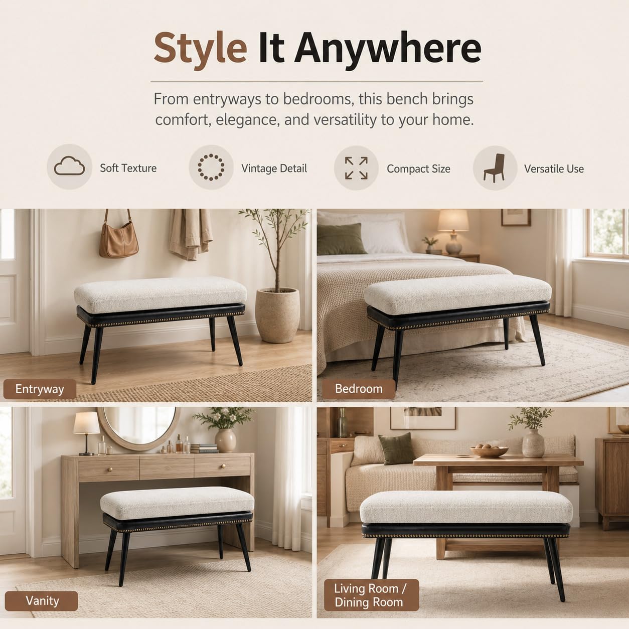 Forteek 32" Retro Upholstered Entryway Bench, Leather & Fabric Shoe Bench with Removable Cushion, End of Bed Bench for Bedroom, Small Dining Bench for Living Room, Storage Bench for Hallway & Foyer