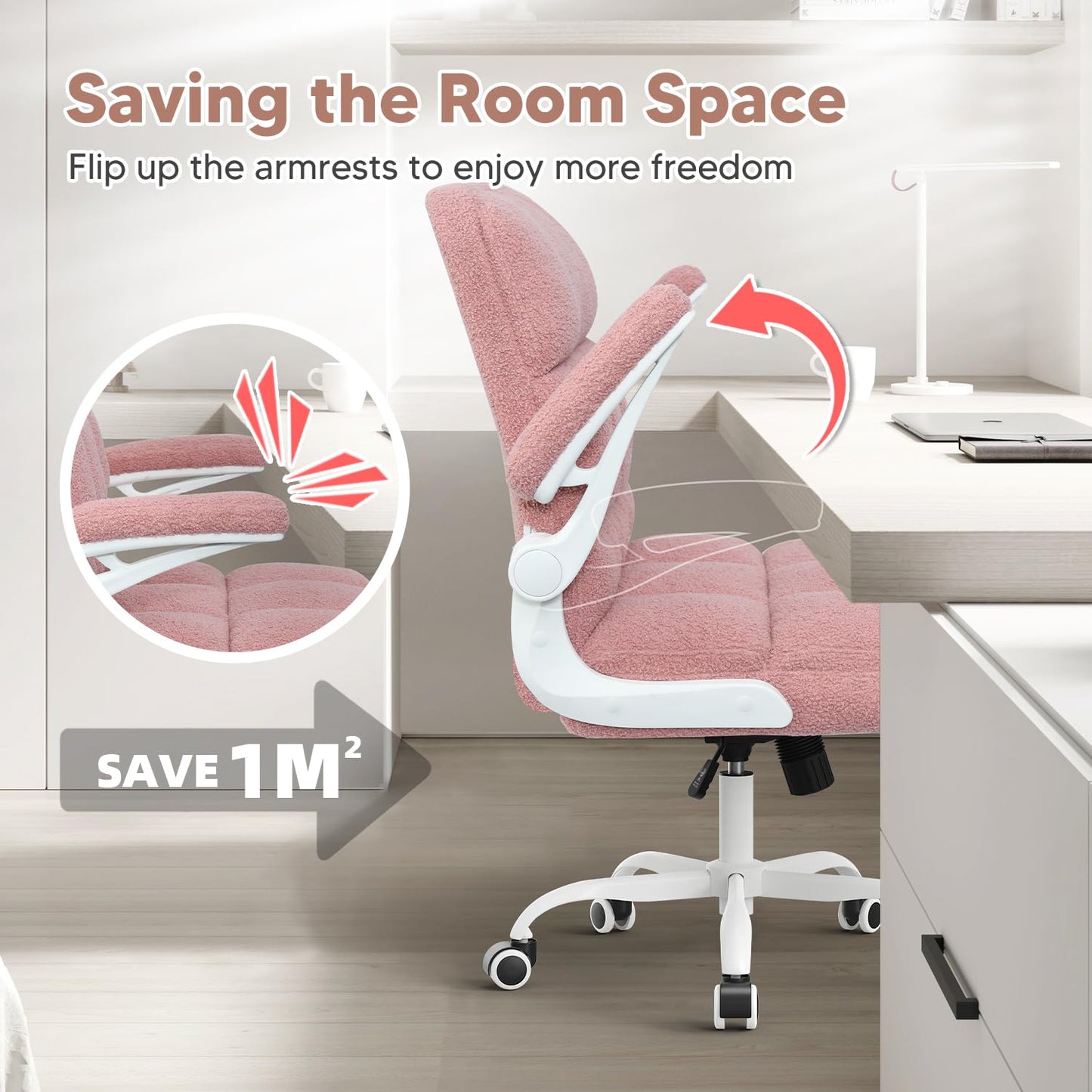 RunRunFlower Office Chair with Wheels, Ergonomic Computer Desk Chair with Flip-up Armrest, Adjustable Rolling Swivel Chair Teddy Fleece – Dusty Pink