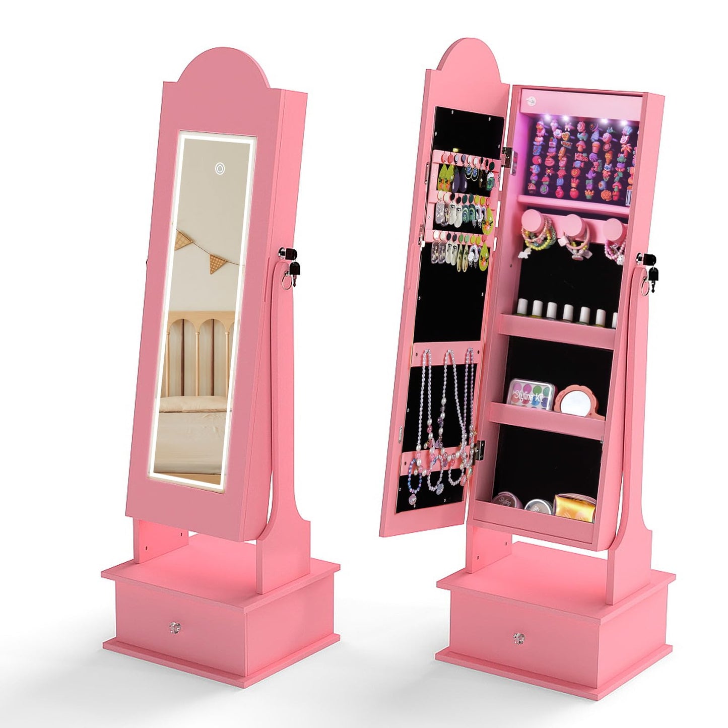 INFANS Kids Jewelry Armoire Cabinet with LED Lights, Lockable Standing Organizer with Full-length Mirror, Unicorn Theme Children Vanity Dress Up Storage Rack for Girls