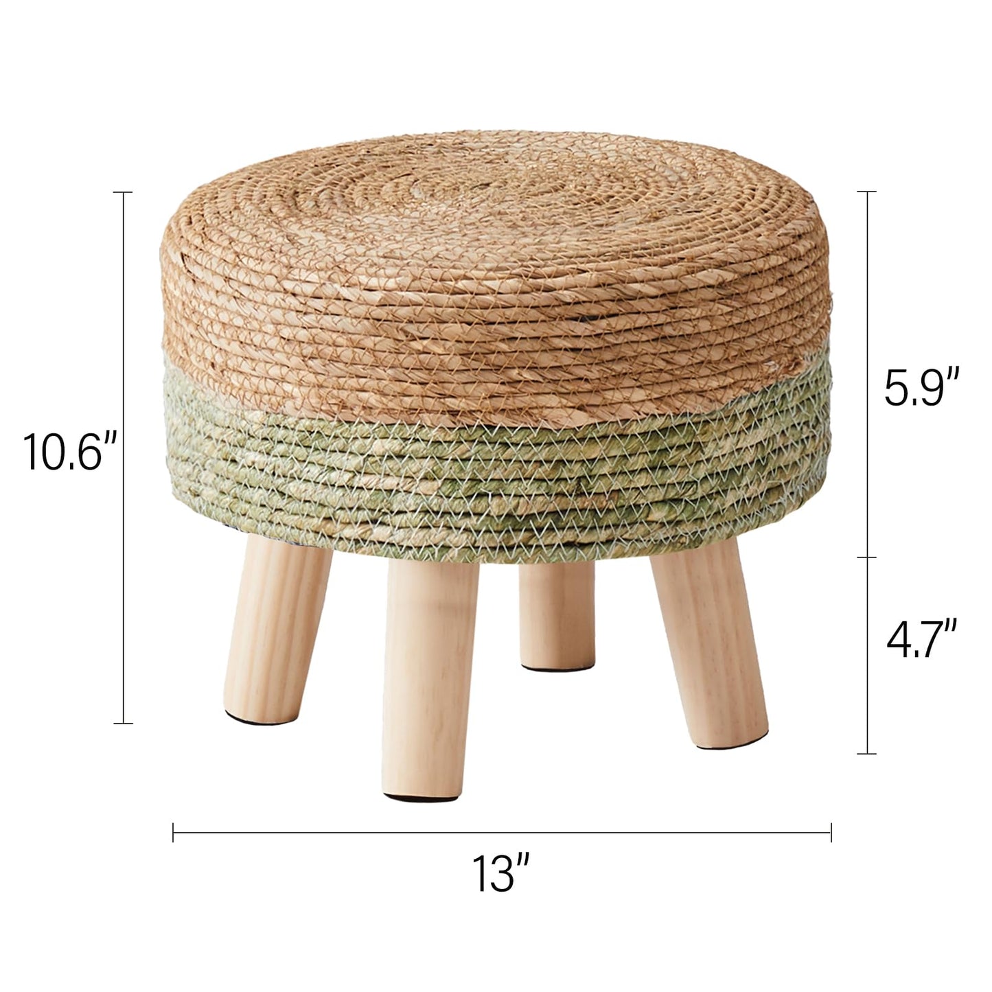 Cpintltr Ottoman Natural Seagrass Footrest Poufs Hand Weave Round Foot Stool for Couch Desk Soft Step Stool Padded Foot Rest with Pine Legs for Living Room Bedroom Natural/Green