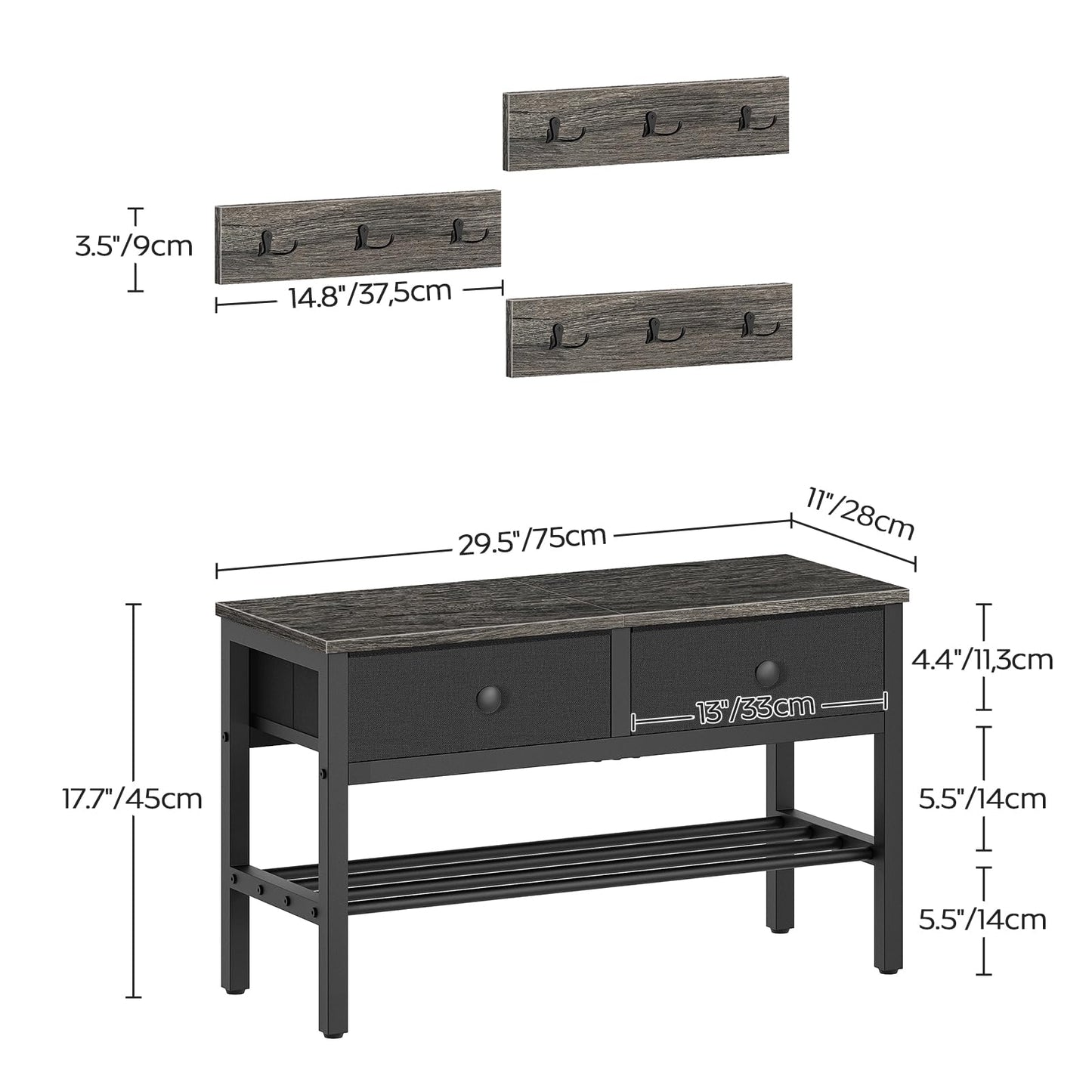 YATINEY Hall Tree with Bench and Shoe Storage, Entryway Bench with Coat Rack, 4-in-1 Coat Rack Shoe Bench, Multifunctional, for Front Door, Hallway, Foyer, Charcoal Grey and Black MT05BC