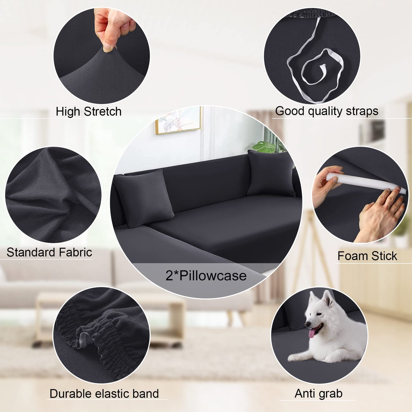 NAISI Couch Cover L Shape 2 Pieces Sofa Cover Soft Stretch Slipcovers with 2pcs Pillowcases Furniture Protector Sectional Couch Covers 3 Seater + 3 Seater(Dark Grey)