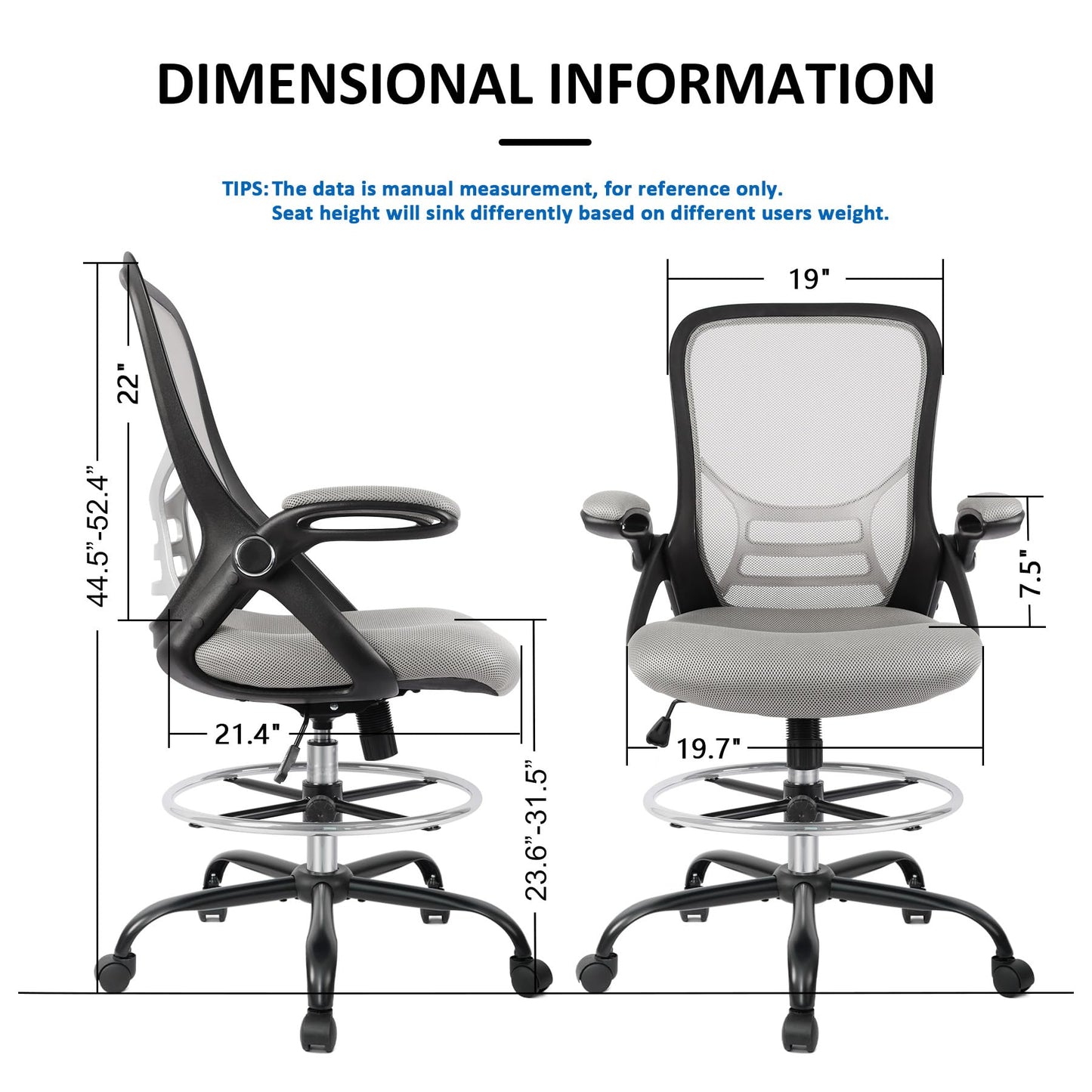 HYLONE Drafting Chair, Tall Office Chair Standing Desk Chair Grey Mesh High-Back Drafting Stool with Flip-Up Arms, Adjustable Foot Ring