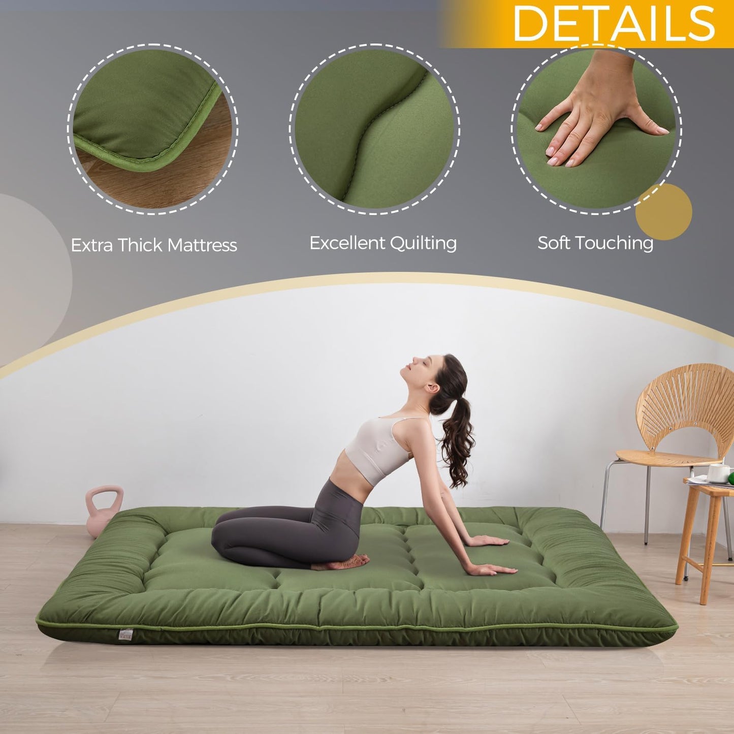 MAXYOYO 6" Extra Thick Japanese Floor Mattress Futon Mattress, Foldable Tatami Pad for Adults, Roll Up Floor Mat for Living Room Guest Room RV, Green, Twin
