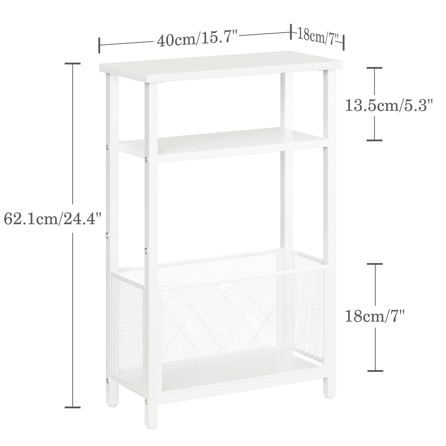 MMEOLUOOK Narrow Side Table with Storage Basket Skinny End Tables for Smalls Spaces 3 Tier Sofa Table Small Nightstand Slim Bedside Table for Living Room Bedroom White MLBZ22W