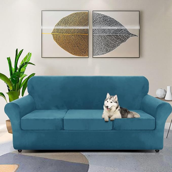 ZNSAYOTX Luxury Velvet Couch Cover 4 Piece Stretch Sofa Covers