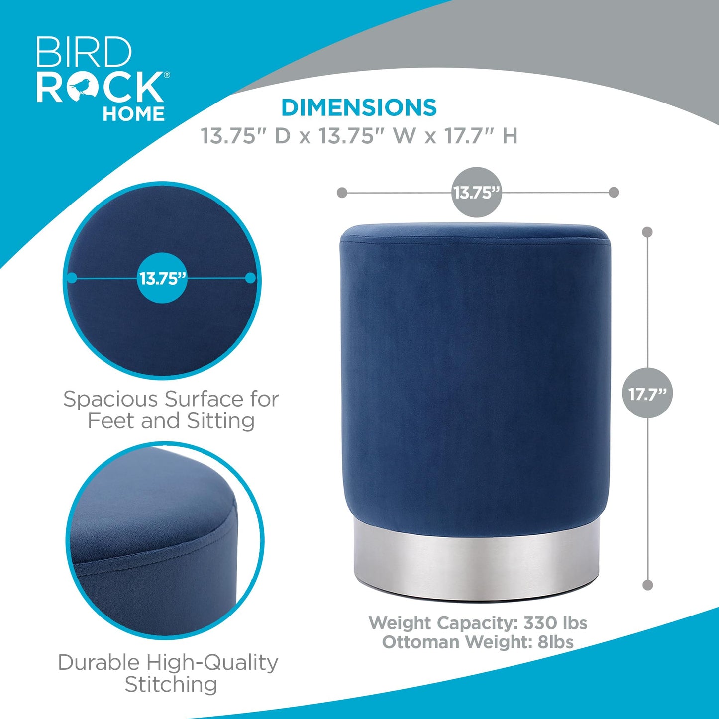 BIRDROCK HOME Round Ottoman Foot Stool – Modern Soft Padded Velvet Vanity Chair with Silver Metal Trim – Accent Chair or Foot Rest for Living Room, Bedroom, or Dressing Room (Blue)