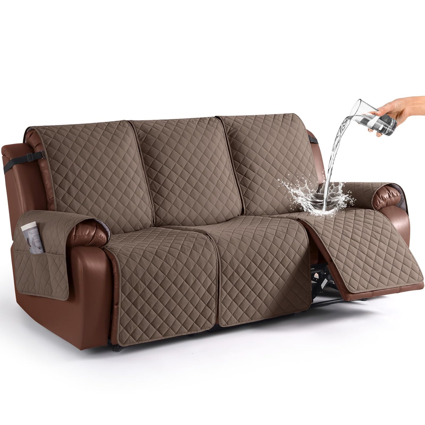 KinCam 100% Waterproof Recliner Couch Covers, Non-Slip Reclining Sofa Covers for 3 Seater, Recliner Couch Cover Furniture Protector with Elastic Straps for Pets, Kids, Brown